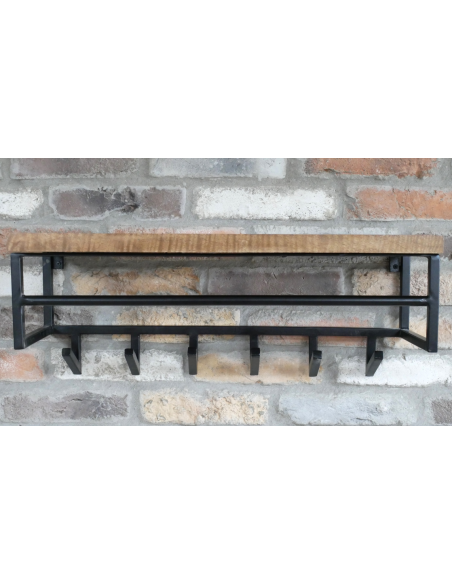 Étagère murale industrielle en bois et métal avec 6 crochets – 65 cm