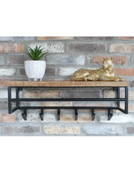 Étagère murale industrielle en bois et métal avec 6 crochets – 65 cm