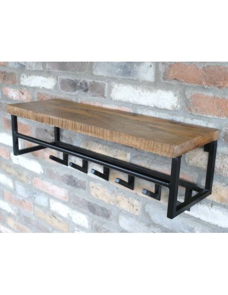 Étagère murale industrielle en bois et métal avec 6 crochets – 65 cm
