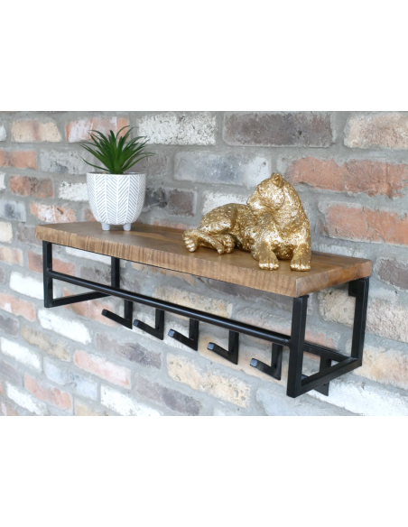 Étagère murale industrielle en bois et métal avec 6 crochets – 65 cm
