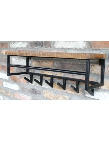 Étagère murale industrielle en bois et métal avec 6 crochets – 65 cm