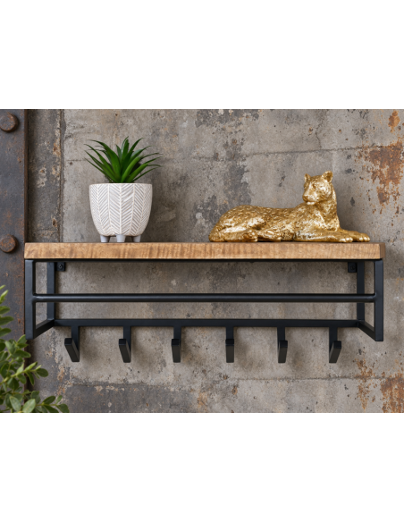 Étagère murale industrielle en bois et métal avec 6 crochets – 65 cm