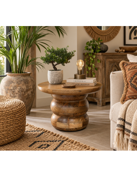 Table d'appoint ronde en manguier au pied sculptural – 51 cm