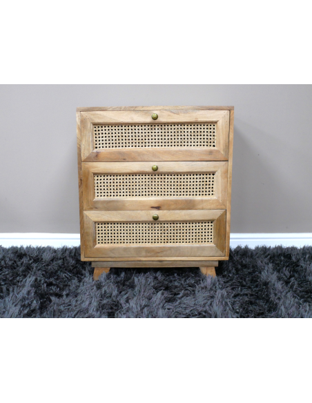 Petite commode en bois et rotin 3 tiroirs – 71 cm