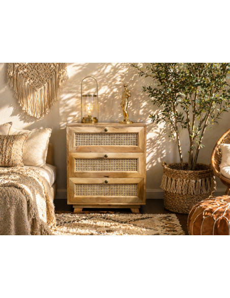 Petite commode en bois et rotin 3 tiroirs – 71 cm