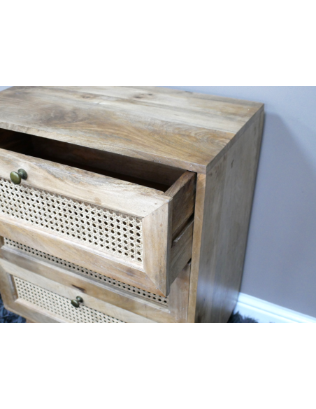Petite commode en bois et rotin 3 tiroirs – 71 cm