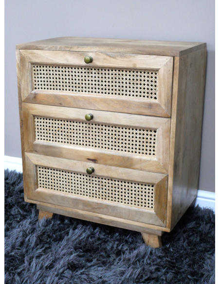 Petite commode en bois et rotin 3 tiroirs – 71 cm