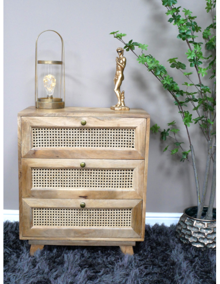 Petite commode en bois et rotin 3 tiroirs – 71 cm