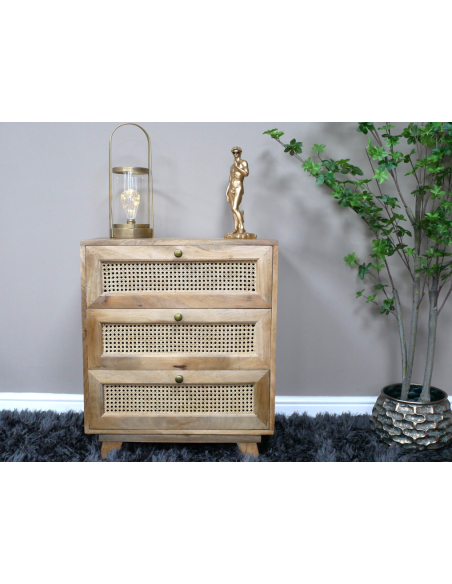 Petite commode en bois et rotin 3 tiroirs – 71 cm