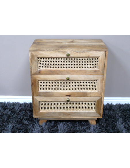 Petite commode en bois et rotin 3 tiroirs – 71 cm