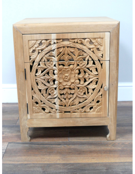 Table de chevet en teck sculpté avec tiroir – Ouverture à gauche – 55 cm