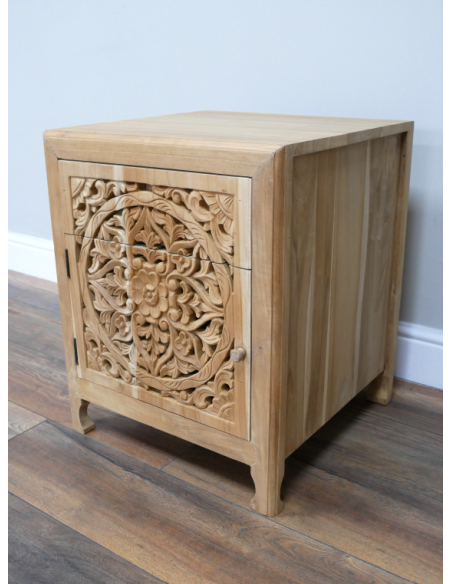 Table de chevet en teck sculpté avec tiroir – Ouverture à gauche – 55 cm