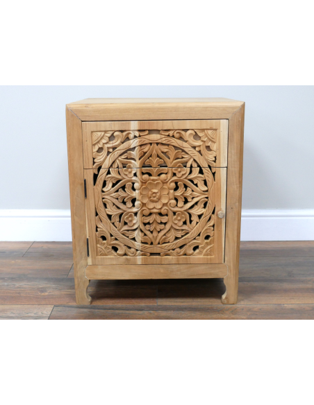 Table de chevet en teck sculpté avec tiroir – Ouverture à gauche – 55 cm