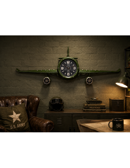 Grande horloge murale avion vintage vert en métal – 141 cm