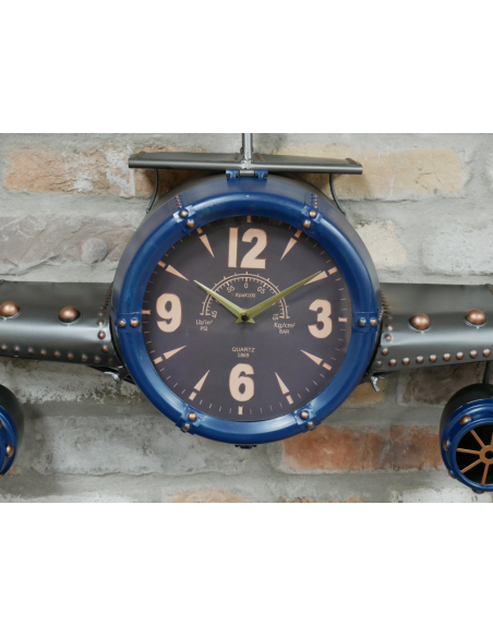 Grande horloge murale avion vintage bleu en métal – 145 cm