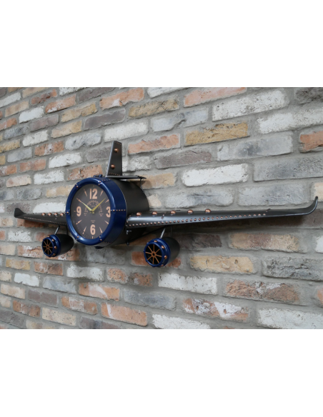 Grande horloge murale avion vintage bleu en métal – 145 cm