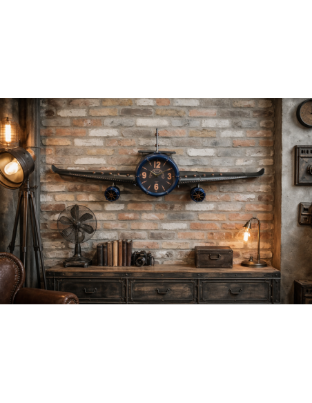 Grande horloge murale avion vintage bleu en métal – 145 cm