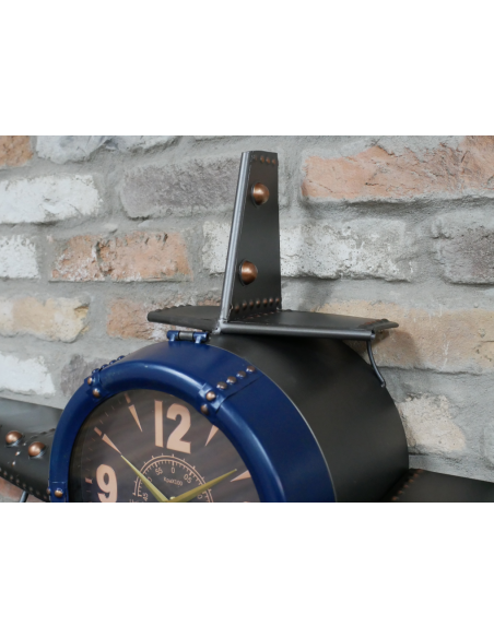 Grande horloge murale avion vintage bleu en métal – 145 cm