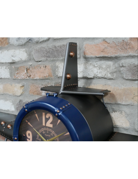 Grande horloge murale avion vintage bleu en métal – 145 cm