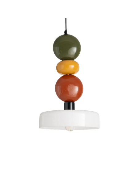 Suspension rétro multicolore en verre et métal – Blanc, vert et terracotta – 40 cm