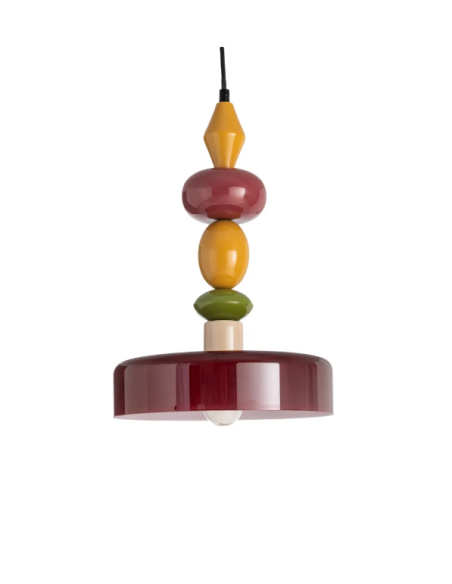 Suspension rétro multicolore bordeaux en verre et métal – 38,5 cm