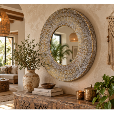 Miroir rond marocain doré à motifs...
