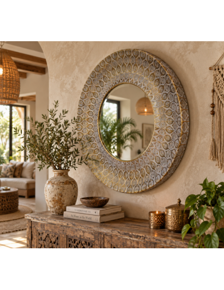 Miroir rond marocain doré à motifs orientaux – 93 cm