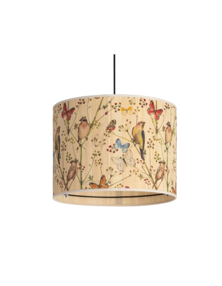 Suspension cylindrique en bambou à motifs d’oiseaux et de papillons – 40 cm