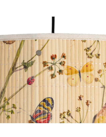Suspension cylindrique en bambou à motifs d’oiseaux et de papillons – 40 cm