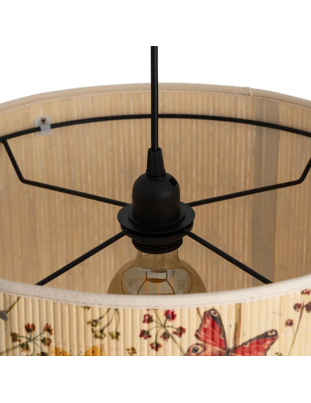 Suspension cylindrique en bambou à motifs d’oiseaux et de papillons – 40 cm