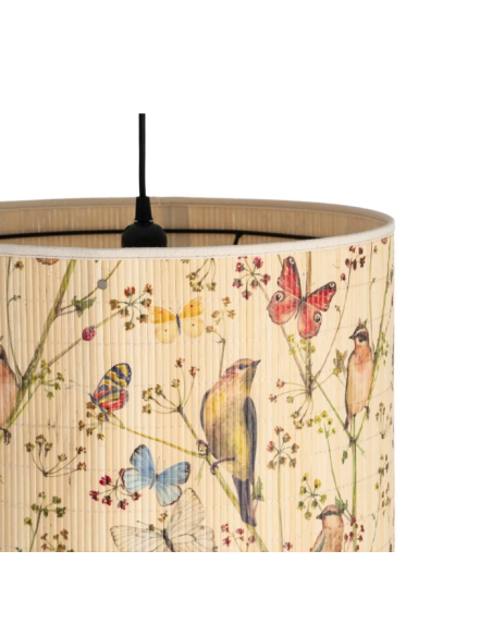 Suspension cylindrique en bambou à motifs d’oiseaux et de papillons – 40 cm