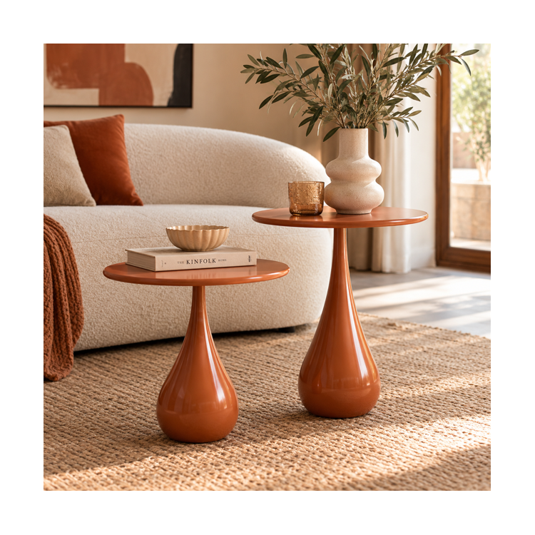 Table d'appoint terracotta en métal de 40 cm de diamètre et 46 cm de hauteur avec pied sculptural en forme de goutte