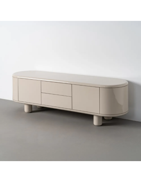 Meuble TV beige laqué 180 cm – Design contemporain aux lignes arrondies