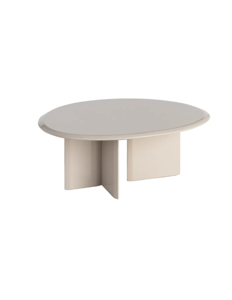 Table basse beige laquée 89 cm – Design ovale et piètement sculptural