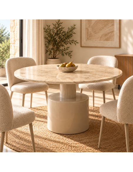 Table à manger ronde beige effet marbre 120 cm – Pied central design