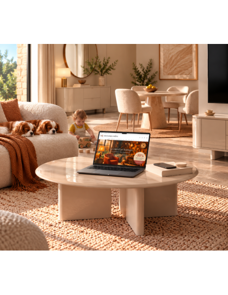 Table basse beige laquée 89 cm – Design ovale et piètement sculptural