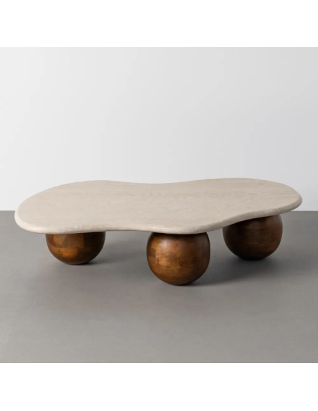 Table basse organique en marbre beige et bois de manguier – 119 cm