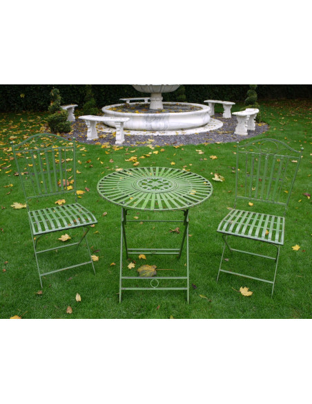 Table ronde de jardin avec deux chaises finition vert antique