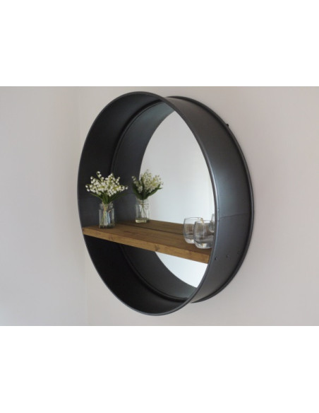 Miroir rond style industriel rétro avec tablette en bois