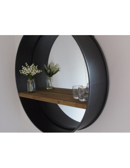 Miroir rond style industriel rétro avec tablette en bois