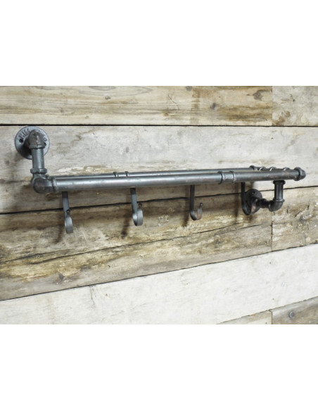 Etagère murale en bois et métal 4 patères indus