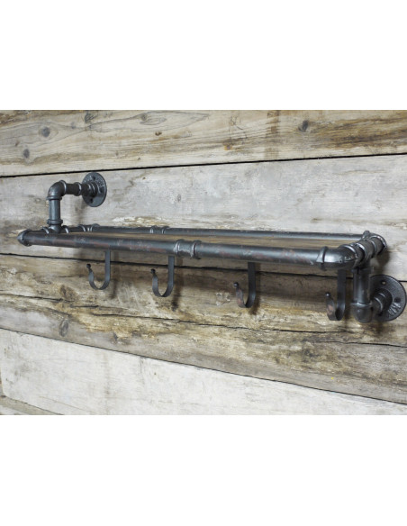 Etagère murale en bois et métal 4 patères indus