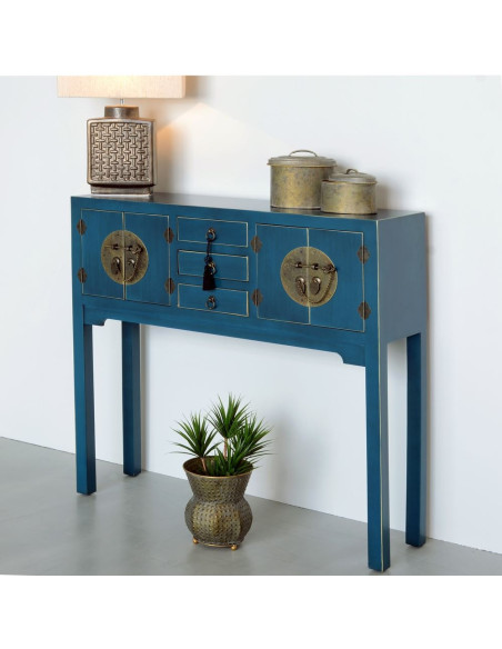 Console 4 portes et 3 tiroirs style Chinois Bleue