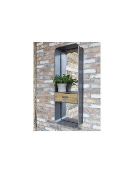Miroir haut rectangulaire en métal avec tiroir en bois 120 cm