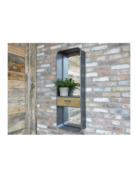 Miroir haut rectangulaire en métal avec tiroir en bois 120 cm