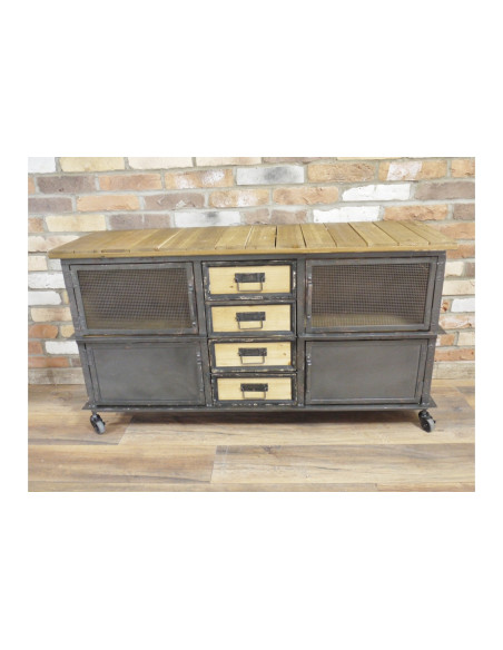 Meuble sur roulettes 4 portes et 4 tiroirs Industriel