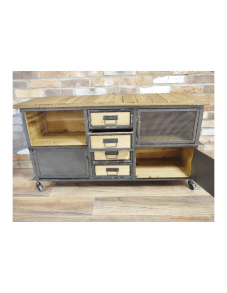 Meuble sur roulettes 4 portes et 4 tiroirs Industriel