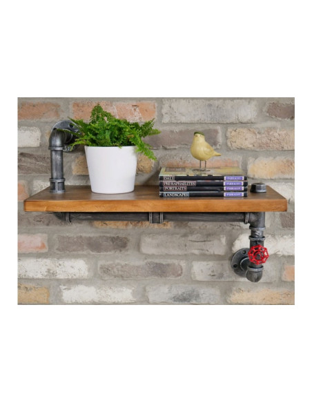 Etagère murale bois et vanne de plombier rouge