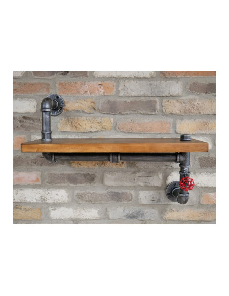 Etagère murale bois et vanne de plombier rouge