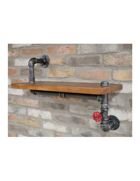 Etagère murale bois et vanne de plombier rouge